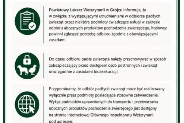 Komunikat Powiatowego Lekarza Weterynarii w Grójcu: Zasady odbioru padłych zwierząt gospodarskich