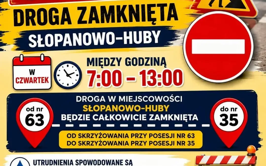 Utrudnienia na drodze w Słopanowie-Huby w czwartek 30 lipca