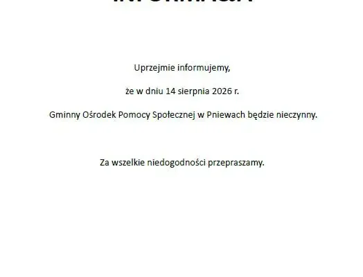 14 sierpnia GOPS w Pniewach będzie nieczynny