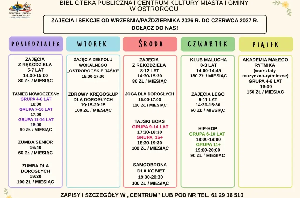 Nowe zajęcia i sekcje w bibliotece w Ostrorogu od września 2026