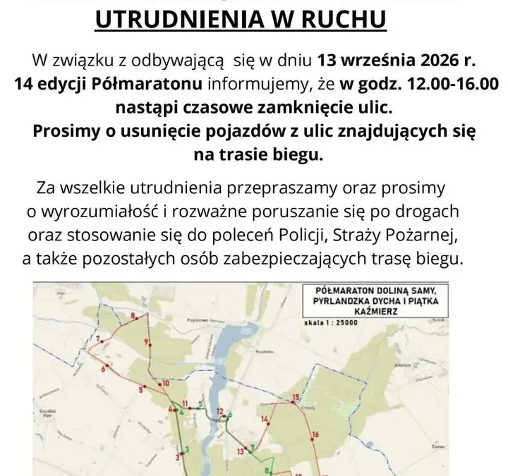 Półmaraton Doliną Samy i Pyrlandzka Dycha – utrudnienia w ruchu 13 września