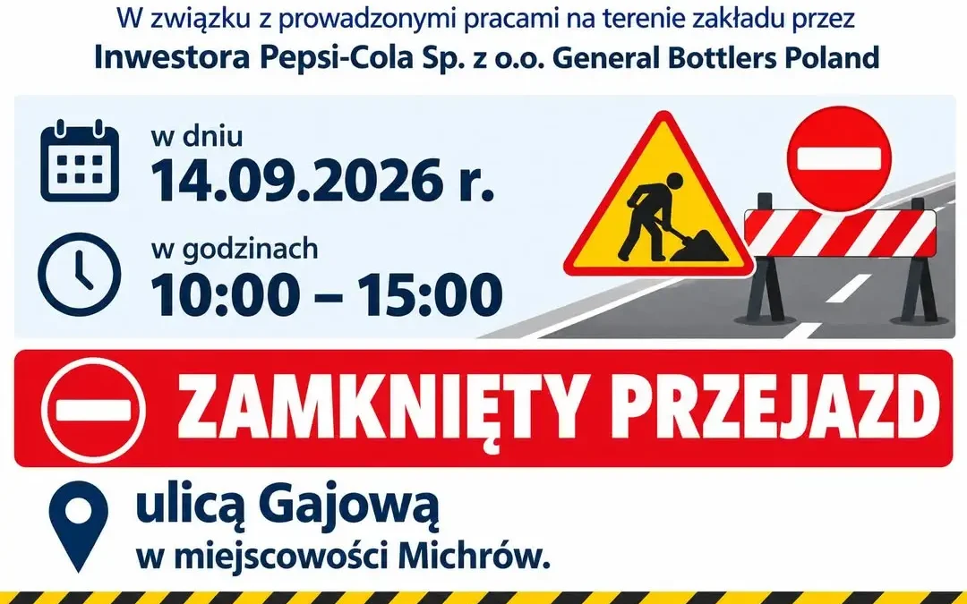 Utrudnienia na ulicy Gajowej w Michrowie – prace Pepsi-Cola 14 września