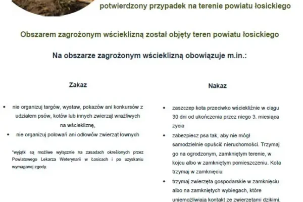 Wścieklizna potwierdzona w powiecie łosickim – obowiązują nakazy i zakazy