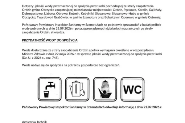 Woda w strefie Ordzin znów zdatna do picia – sanepid odwołuje wcześniejszy komunikat