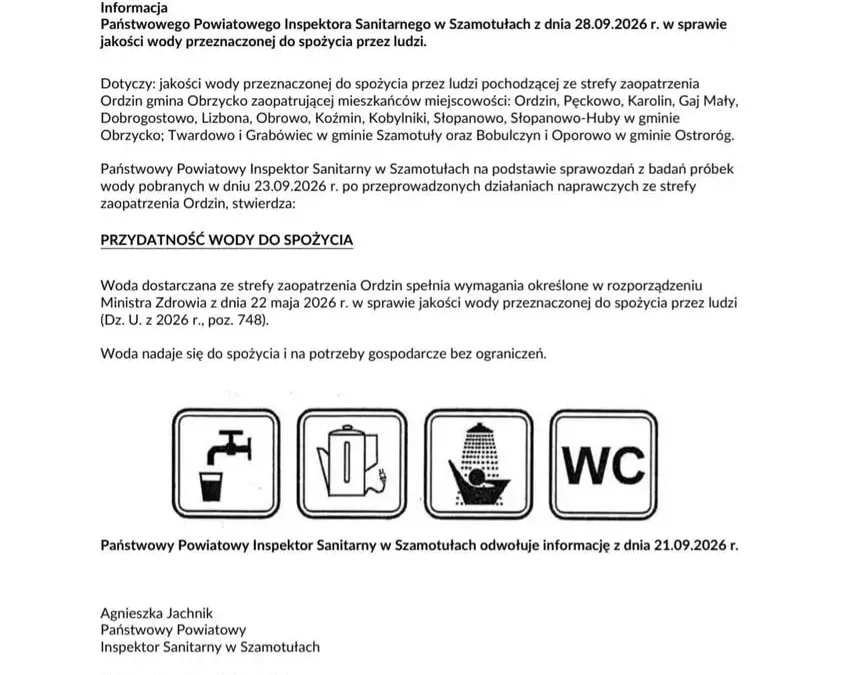 Woda w strefie Ordzin znów zdatna do picia – sanepid odwołuje wcześniejszy komunikat