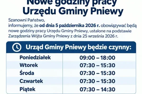 Nowe godziny pracy Urzędu Gminy Pniewy od 5 października 2026