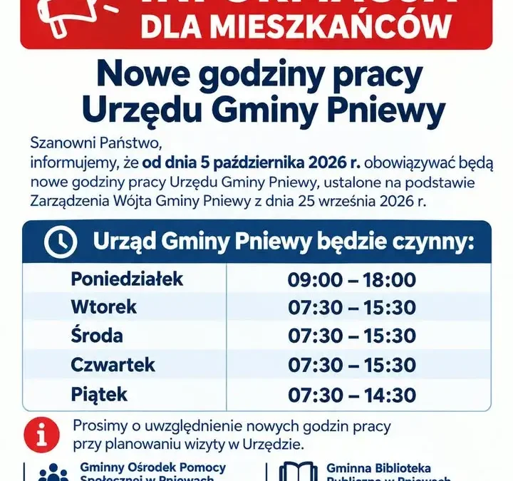 Nowe godziny pracy Urzędu Gminy Pniewy od 5 października 2026