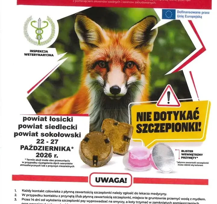 Szczepienie lisów przeciw wściekliźnie w powiecie sokołowskim – 22-27 października 2026
